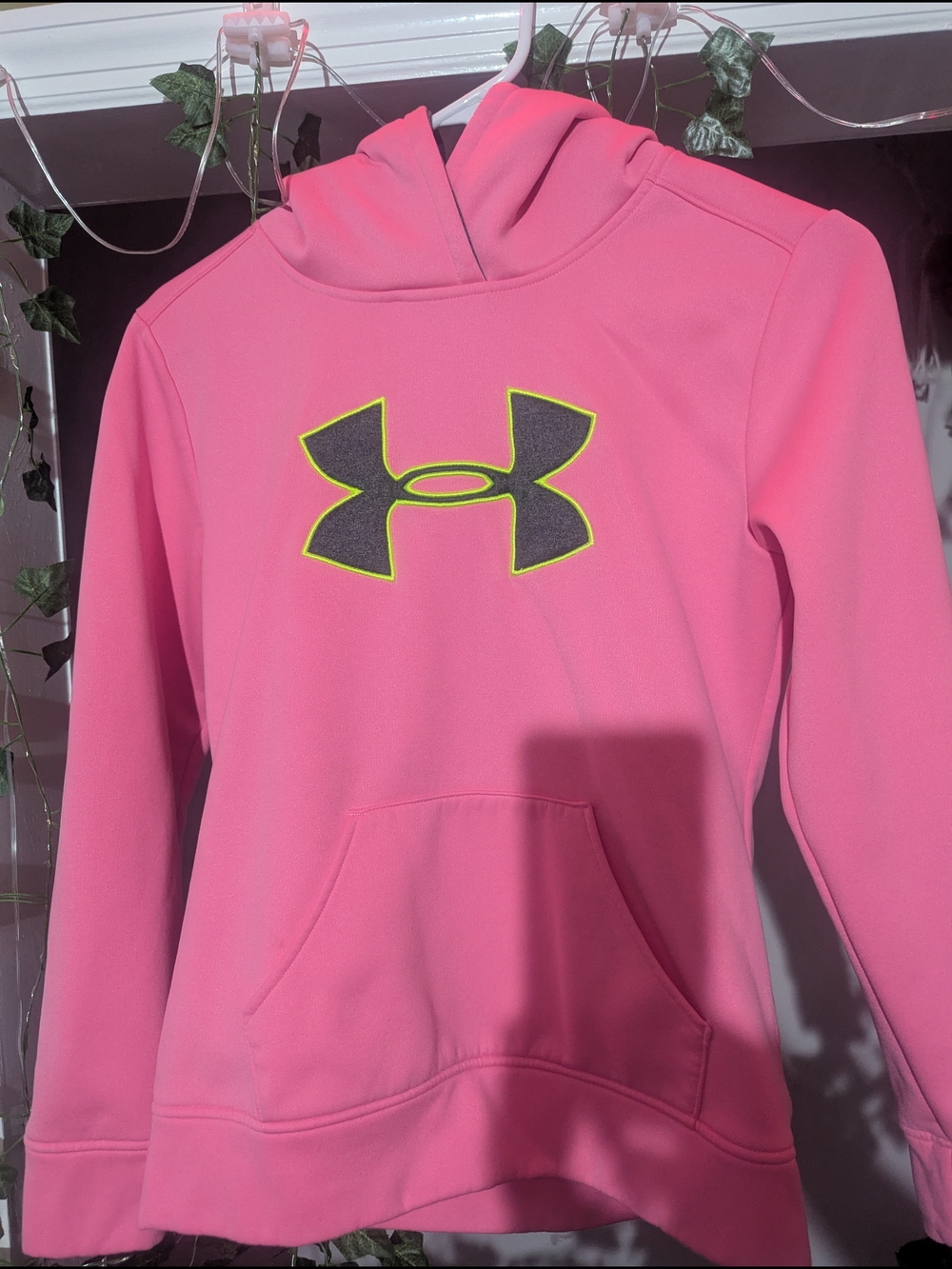 Girls Under Armour Pink Hoodie with Gray Logo and Neon Yellow Outline